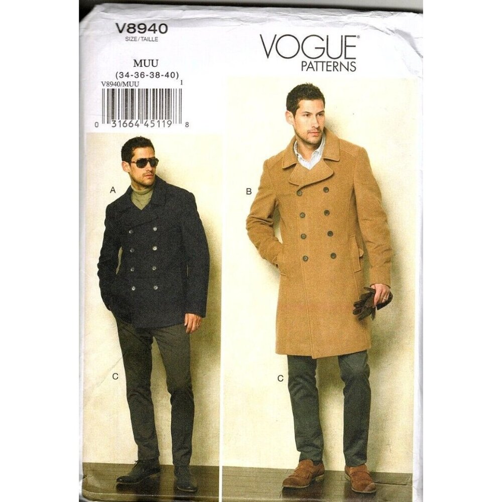 Vogue V8940 Mens 34 to 40 Double Breasted Coat and Pants Uncut Sewing Pattern